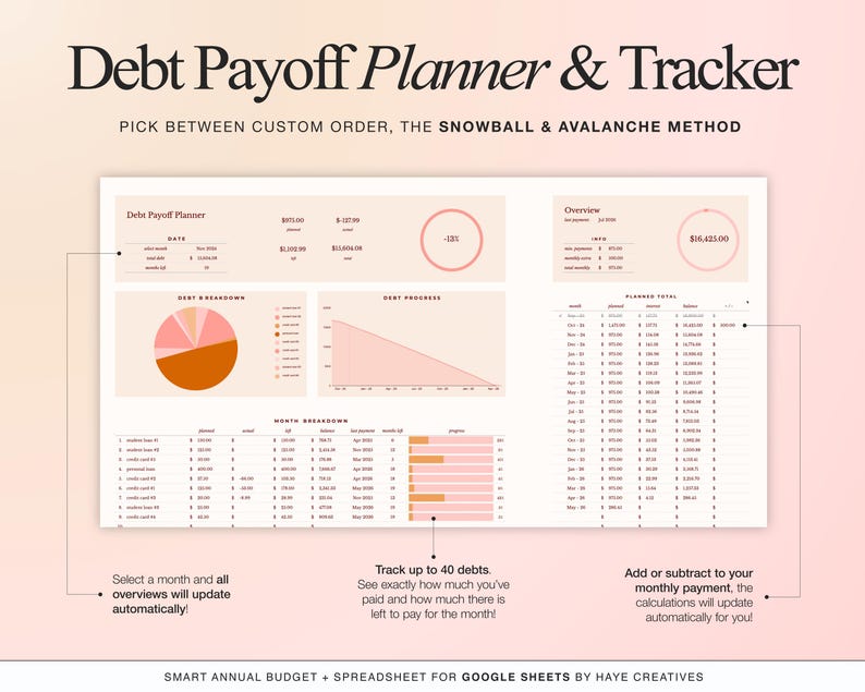 Debt tracker tab with snowball and avalanche payment strategies for managing multiple debts