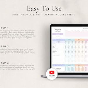 May include: A laptop screen displaying a digital habit tracker with a pink, blue, and orange color scheme. The tracker is for the month of August and includes daily and weekly habit checkboxes, a daily progress graph, and a daily overview section. The text "Easy To Use" is displayed at the top of the screen, along with the text "ONE TAB ONLY, START TRACKING IN JUST 3 STEPS".