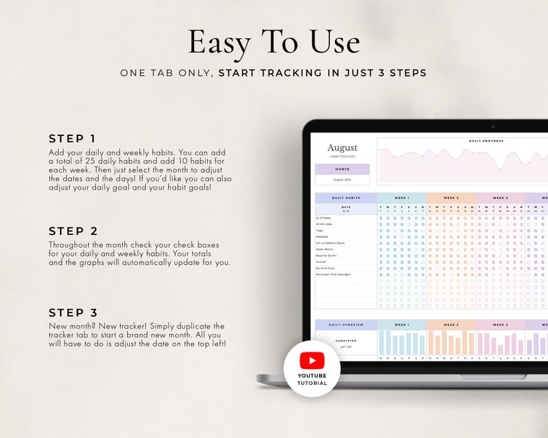 May include: A laptop screen displaying a digital habit tracker with a pink, blue, and orange color scheme. The tracker is for the month of August and includes daily and weekly habit checkboxes, a daily progress graph, and a daily overview section. The text "Easy To Use" is displayed at the top of the screen, along with the text "ONE TAB ONLY, START TRACKING IN JUST 3 STEPS".