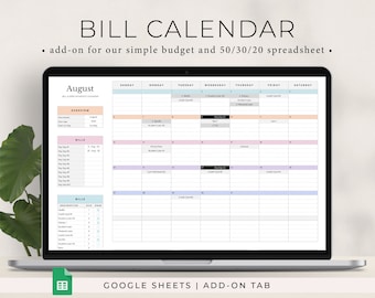 ADD-ON: Bill Calendar (1 Tab) for our simple budget spreadsheet and our 50/30/20 budget spreadsheet. Add-on only.