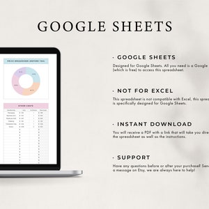 May include: A screenshot of a Google Sheets spreadsheet template for calculating costs. The template includes sections for cost breakdown, labor costs, and other costs. The spreadsheet is designed for Google Sheets and is not compatible with Excel. The template is available for instant download.