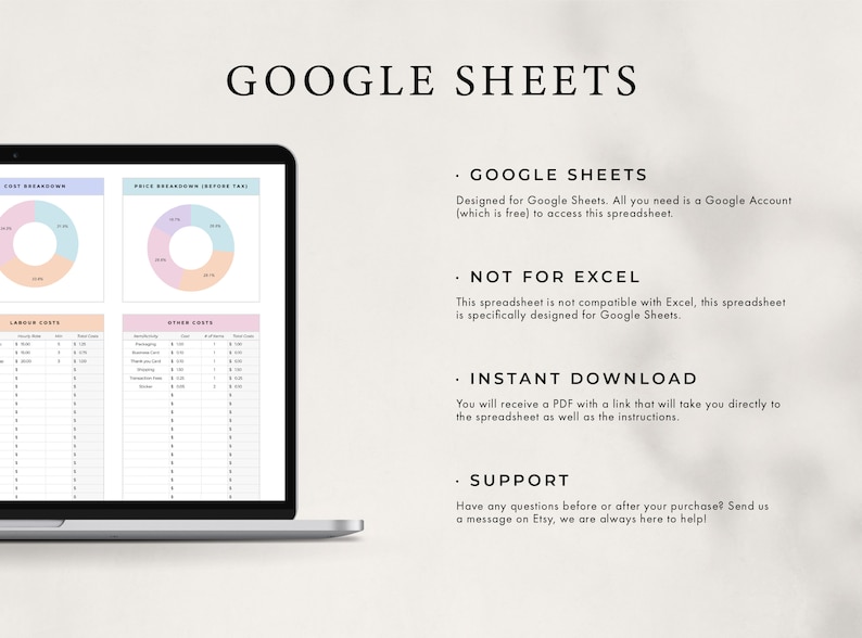 May include: A screenshot of a Google Sheets spreadsheet template for calculating costs. The template includes sections for cost breakdown, labor costs, and other costs. The spreadsheet is designed for Google Sheets and is not compatible with Excel. The template is available for instant download.
