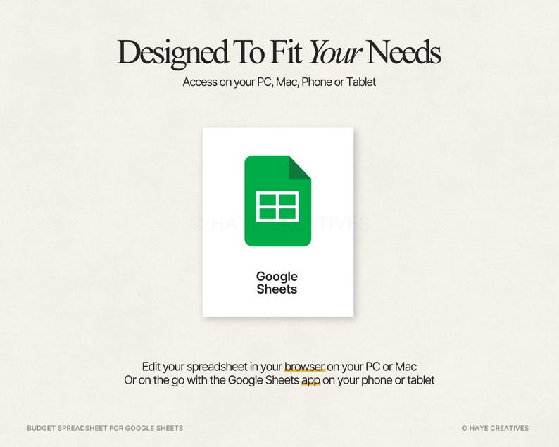 Puede incluir: Gr&aacute;fico con el logotipo de Google Sheets, un icono de documento verde con una cuadr&iacute;cula blanca, sobre un fondo blanco. El texto dice "Dise&ntilde;ado para satisfacer sus necesidades" y "Edite su hoja de c&aacute;lculo en su navegador en su PC o Mac".
