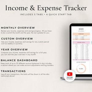May include: A laptop screen displaying a budget tracker spreadsheet with five tabs: Monthly Overview, Custom Overview, Year Overview, Balance Dashboard, and Transactions. The spreadsheet includes a year overview, savings goals, savings progress, and a YouTube tutorial icon.
