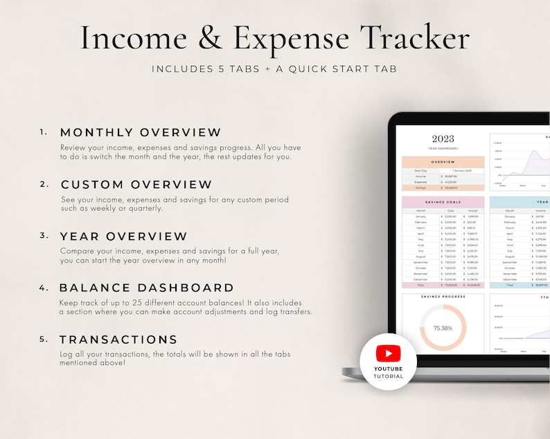 May include: A laptop screen displaying a budget tracker spreadsheet with five tabs: Monthly Overview, Custom Overview, Year Overview, Balance Dashboard, and Transactions. The spreadsheet includes a year overview, savings goals, savings progress, and a YouTube tutorial icon.