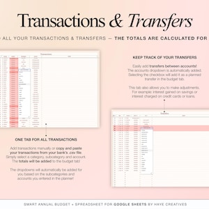 Transaction tracker and transfer tracker of the Google Sheets budget template with categorized income and expense tracking, pastel design, and automated calculations for personal finance planning