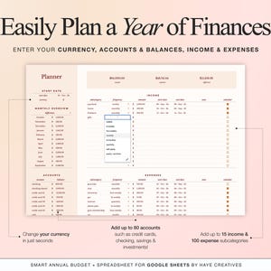 Planner tab of Google Sheets annual budget spreadsheet with income, expenses, savings, and financial goals dashboard in a minimalist, pastel-toned design