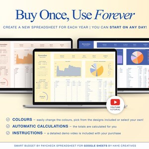Może przedstawiać: Trzy laptopy wyświetlające szablony arkuszy kalkulacyjnych z wykresami i grafikami. Tekst &bdquo;Buy Once, Use Forever&rdquo; znajduje się na g&oacute;rze. Obraz zawiera r&oacute;wnież tekst &bdquo;COLOURS&rdquo;, &bdquo;AUTOMATIC CALCULATIONS&rdquo; i &bdquo;INSTRUCTIONS&rdquo;. Widoczny jest r&oacute;wnież przycisk samouczka YouTube.