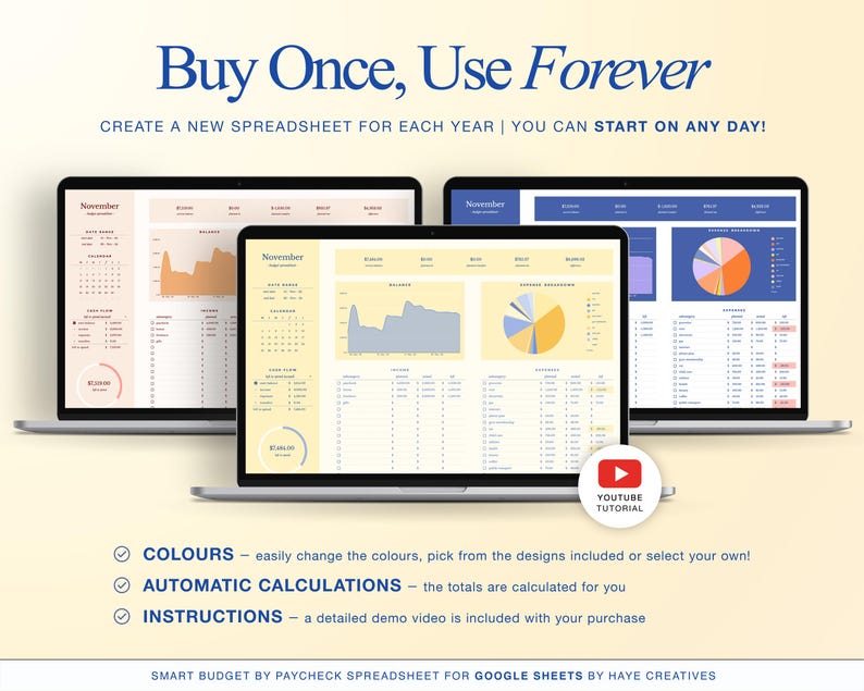 Może przedstawiać: Trzy laptopy wyświetlające szablony arkuszy kalkulacyjnych z wykresami i grafikami. Tekst &bdquo;Buy Once, Use Forever&rdquo; znajduje się na g&oacute;rze. Obraz zawiera r&oacute;wnież tekst &bdquo;COLOURS&rdquo;, &bdquo;AUTOMATIC CALCULATIONS&rdquo; i &bdquo;INSTRUCTIONS&rdquo;. Widoczny jest r&oacute;wnież przycisk samouczka YouTube.
