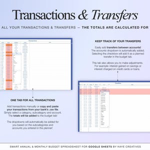 Transactions and transfers tab of the annual and monthly budget spreadsheet for google sheets. add your income and expense transactions and keep track of transfers between accounts. the totals are automatically added to the right tab for you