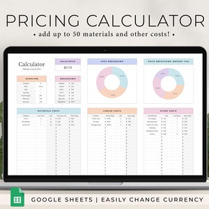 Calculatrice de prix, feuille de calcul, modèle de feuille Google sur les prix des produits faits main, calculatrice du prix des produits, guide des tarifs, feuille de calcul des tarifs