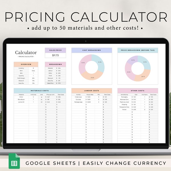 Preisrechner Kalkulationstabelle, Preis Handgemachte Produkte Google Sheet Template, Produktpreisrechner, Preisleitfaden, Preisarbeitsblatt