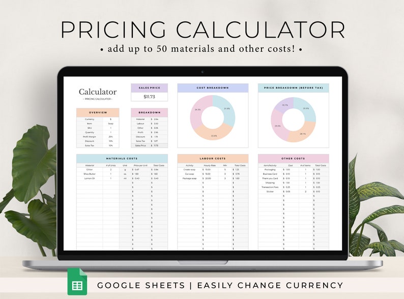 May include: A Google Sheets spreadsheet template for calculating pricing. The spreadsheet is titled "Pricing Calculator" and includes sections for materials, labor, and other costs. The spreadsheet also includes a pie chart breakdown of the costs. The spreadsheet is designed to help users calculate the price of their products.