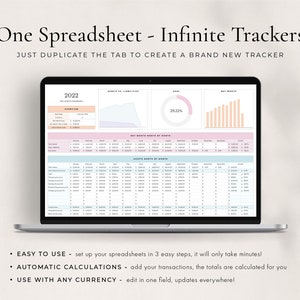 May include: A laptop screen displaying a spreadsheet with charts and graphs. The spreadsheet is titled "2022" and includes columns for assets, liabilities, net worth, and net worth by month. The charts show the growth of assets and net worth over time. The text on the screen reads "One Spreadsheet - Infinite Trackers" and "Just duplicate the tab to create a brand new tracker". Below the laptop screen, there are three bullet points describing the features of the spreadsheet: "Easy to use", "Automatic calculations", and "Use with any currency".