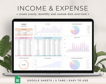 Income and Expense Tracker Spreadsheet for Google Sheets, Monthly Expense Tracker, Personal Financial Planner, Small Business Bookkeeping