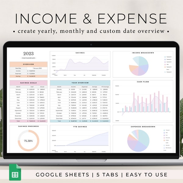 Income and Expense Tracker Spreadsheet for Google Sheets, Monthly Expense Tracker, Personal Financial Planner, Small Business Bookkeeping