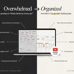 Puede incluir: Una pantalla de port&aacute;til muestra una hoja de c&aacute;lculo de presupuesto, pasando de "Abrumado" a "Organizado". El texto destaca las dificultades financieras y las soluciones, con un enlace a un tutorial de YouTube. La imagen promueve la claridad y el control financiero.