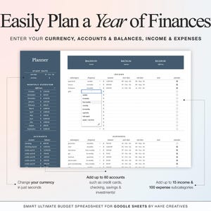 the planner tab of the annual smart budget spreadsheet for google sheets. adjust your currency and start date. on this tab you can also add your account balances and add your income and expenses subcategories