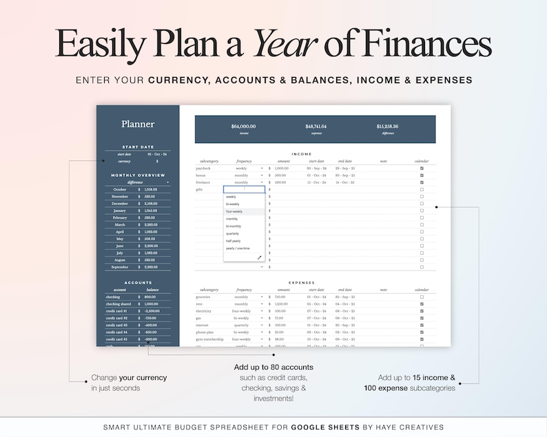 the planner tab of the annual smart budget spreadsheet for google sheets. adjust your currency and start date. on this tab you can also add your account balances and add your income and expenses subcategories