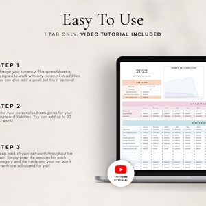 May include: A laptop screen displaying a spreadsheet with a pink and blue colour scheme. The spreadsheet is titled "2022 Net Worth Dashboard" and includes sections for assets, liabilities, and net worth by month. A YouTube icon is visible in the bottom left corner of the screen.