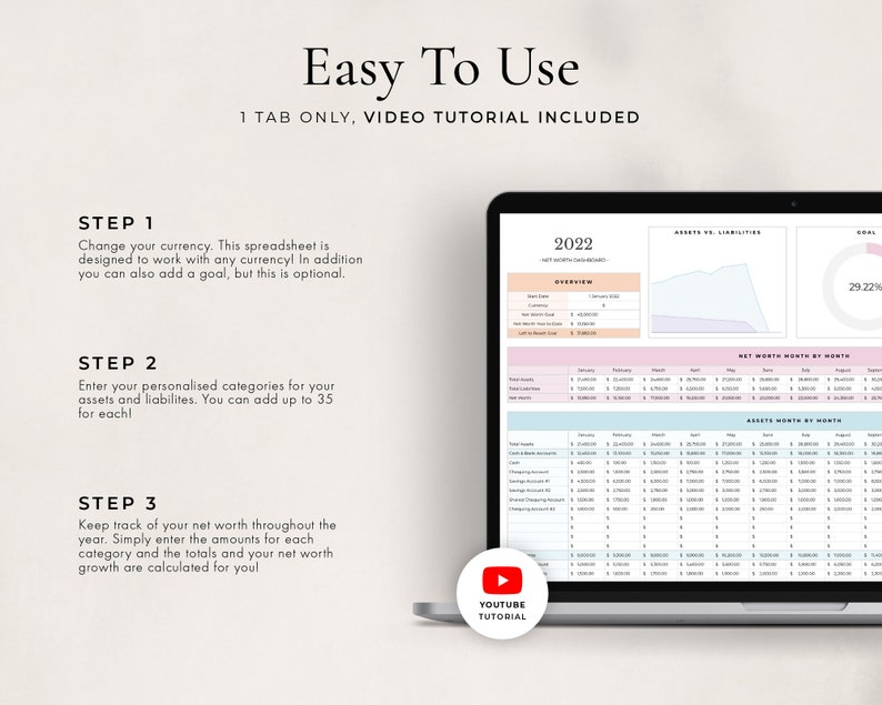 May include: A laptop screen displaying a spreadsheet with a pink and blue colour scheme. The spreadsheet is titled "2022 Net Worth Dashboard" and includes sections for assets, liabilities, and net worth by month. A YouTube icon is visible in the bottom left corner of the screen.