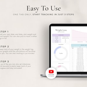 May include: A laptop screen displaying a weight loss tracker with a progress bar, weight log, and a graph. The screen also includes the text "Weight Loss" and "74.3%". A red play button with the text "YouTube Tutorial" is visible below the laptop.