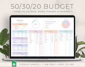 50/30/20 Budget Spreadsheet for Google Sheets, Monthly Budget Planner Spreadsheet, Paycheck Budget Tracker, Weekly Budget, 70/20/10 Budget