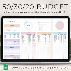Foglio di calcolo per il budget 50/30/20 per Fogli Google, foglio di calcolo per la pianificazione del budget mensile, strumento di monitoraggio del budget per la busta paga, budget settimanale, budget 70/20/10