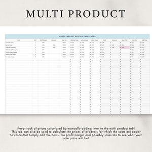 May include: A spreadsheet with a blue header that says "MULTI PRODUCT PRICING CALCULATOR". The spreadsheet is used to calculate the prices of products by adding the costs, profit margin, and sales tax.