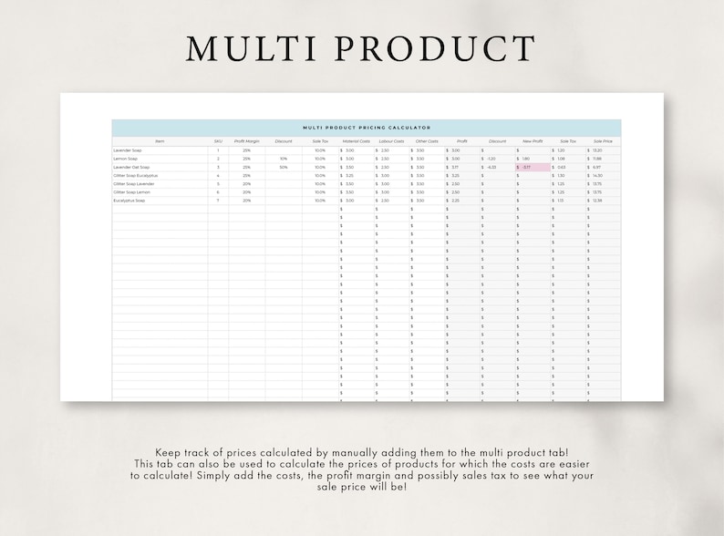 May include: A spreadsheet with a blue header that says "MULTI PRODUCT PRICING CALCULATOR". The spreadsheet is used to calculate the prices of products by adding the costs, profit margin, and sales tax.