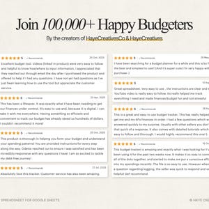 Puede incluir: Imagen promocional de una hoja de c&aacute;lculo de presupuesto para Google Sheets, con el texto "Join 100,000+ Happy Budgeters." Incluye rese&ntilde;as de clientes con calificaciones de 5 estrellas. El producto es de HayeCreativesCo & HayeCreatives.