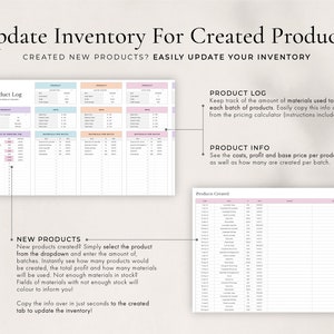 Może przedstawiać: Drukowany tracker inwentarza dla ręcznie robionych produkt&oacute;w. Arkusz zawiera sekcje dla dziennika produkt&oacute;w, informacji o produktach i utworzonych produktach. Arkusz został zaprojektowany, aby pom&oacute;c w śledzeniu użytych materiał&oacute;w, koszt&oacute;w, zysk&oacute;w i ceny bazowej produktu.