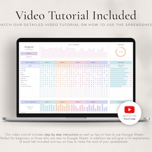 May include: A laptop screen displaying a Google Sheets spreadsheet with a monthly calendar, daily habit tracker, and progress charts. The spreadsheet is titled "August" and has a pastel color scheme. A YouTube play button icon is visible in the bottom right corner with the text "Watch on YouTube".