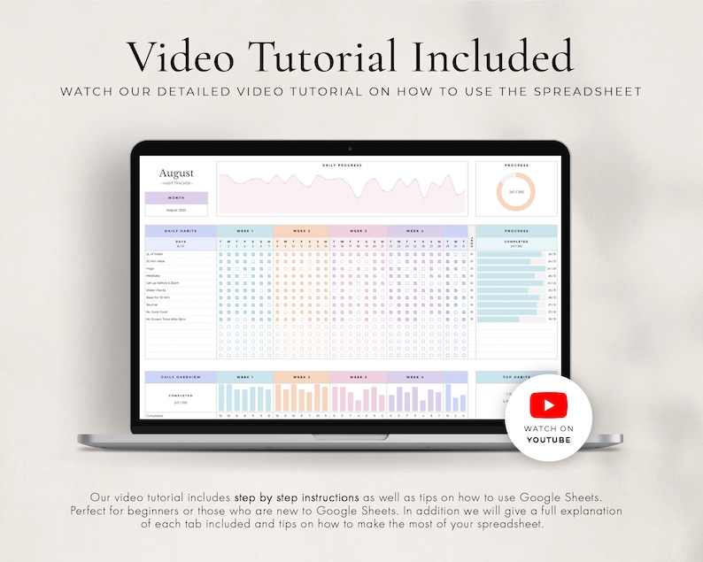 May include: A laptop screen displaying a Google Sheets spreadsheet with a monthly calendar, daily habit tracker, and progress charts. The spreadsheet is titled "August" and has a pastel color scheme. A YouTube play button icon is visible in the bottom right corner with the text "Watch on YouTube".