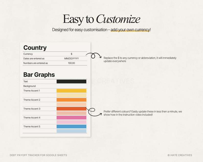 Puede incluir: Un gr&aacute;fico digital con el texto "Easy to Customize" y una secci&oacute;n etiquetada como "Country" con campos de moneda y fecha. Debajo est&aacute;n los "Bar Graphs" con opciones de color. El texto "Debt Payoff Tracker for Google Sheets" est&aacute; en la parte inferior.
