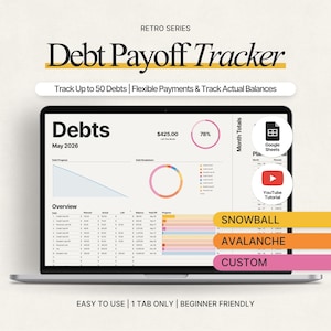 May include: A laptop displays a "Debt Payoff Tracker" spreadsheet with a retro design. The screen shows debt details, progress charts, and options for "Snowball," "Avalanche," and "Custom" payment plans. Text includes "Easy to Use" and "Beginner Friendly."