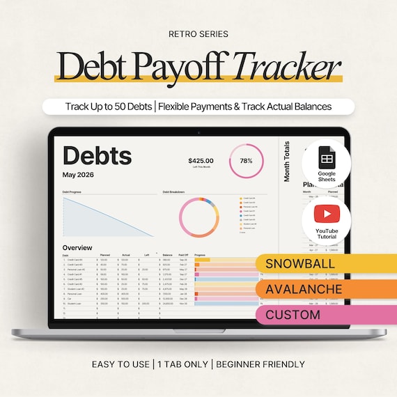 Debt Payoff Tracker Spreadsheet for Google Sheets: Debt Snowball Avalanche and Custom Strategy Calculator