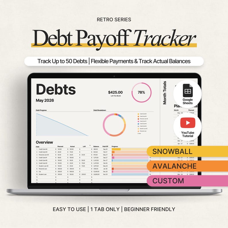 Puede incluir: Una computadora port&aacute;til muestra una hoja de c&aacute;lculo "Debt Payoff Tracker" con un dise&ntilde;o retro. La pantalla muestra detalles de la deuda, gr&aacute;ficos de progreso y opciones de pago "Snowball", "Avalanche" y "Custom". El texto incluye "F&aacute;cil de usar".