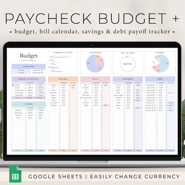 Budget by Paycheck Spreadsheet, Google Sheets Bi-Weekly Budget Template, Bill Calendar, Budget Spreadsheet Google Sheets, Monthly Budget