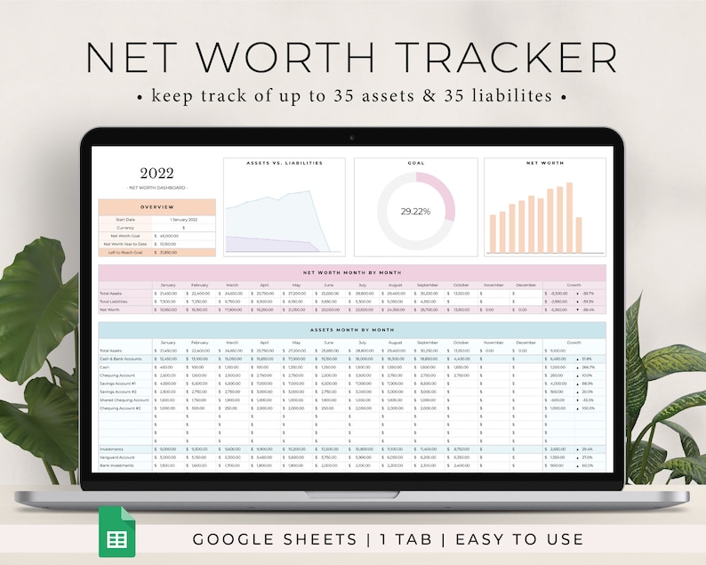 Net Worth Tracker Spreadsheet for Google Sheets, Net Worth Calculator Dashboard, Assets & Liabilities Template, Personal Finance Planner imagem 1