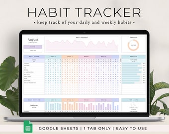 Hoja de cálculo de seguimiento de hábitos para Google Sheets, planificador de hábitos diarios, hábitos semanales, panel del planificador de objetivos, plantilla de lista de tareas diarias digitales