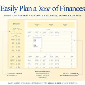 Może przedstawiać: Arkusz kalkulacyjny planowania cyfrowego dla Arkuszy Google z tekstem "Easily Plan a Year of Finances". Arkusz kalkulacyjny pozwala użytkownikom na wprowadzanie waluty, kont, sald, dochod&oacute;w i wydatk&oacute;w. Zawiera funkcje zmiany waluty, dodawania kont i podkategorii.