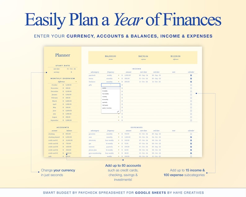 Może przedstawiać: Arkusz kalkulacyjny planowania cyfrowego dla Arkuszy Google z tekstem "Easily Plan a Year of Finances". Arkusz kalkulacyjny pozwala użytkownikom na wprowadzanie waluty, kont, sald, dochod&oacute;w i wydatk&oacute;w. Zawiera funkcje zmiany waluty, dodawania kont i podkategorii.