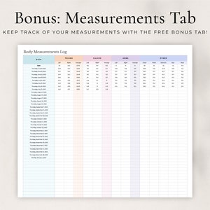 May include: A printable body measurements log with columns for date, thighs, calves, arms, and other measurements. The log is designed to help track fitness progress.