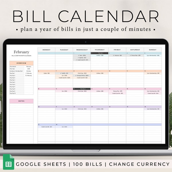 Foglio di calcolo per il monitoraggio delle fatture, Calendario delle fatture di Fogli Google, Pianificatore mensile delle fatture, Pannello di controllo per il pagamento delle fatture, Finanza personale, Pianificatore finanziario