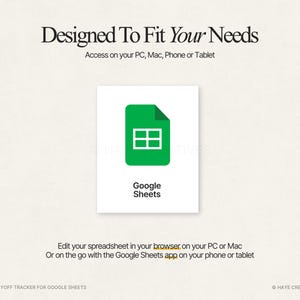 Puede incluir: Gr&aacute;fico digital con el texto "Designed To Fit Your Needs" y "Google Sheets". El logotipo de Google Sheets es un documento verde con una cuadr&iacute;cula blanca. El texto tambi&eacute;n menciona el acceso en PC, Mac, tel&eacute;fono o tableta.