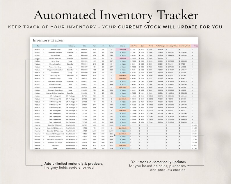 Może przedstawiać: Arkusz kalkulacyjny w jasnoniebieskim i r&oacute;żowym schemacie kolor&oacute;w, zatytułowany "Automated Inventory Tracker". Arkusz kalkulacyjny służy do śledzenia zapas&oacute;w, w tym nazwy produktu, kodu SKU, poziom&oacute;w zapas&oacute;w i ceny sprzedaży. Arkusz kalkulacyjny został zaprojektowany tak, aby automatycznie aktualizować poziomy zapas&oacute;w na podstawie sprzedaży, zakup&oacute;w i nowych produkt&oacute;w.