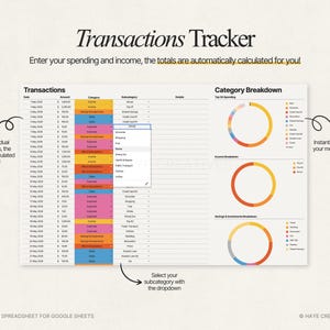 Puede incluir: Una hoja de c&aacute;lculo digital titulada "Transactions Tracker" con un fondo blanco. La hoja de c&aacute;lculo muestra datos financieros, incluidos ingresos y gastos, con gr&aacute;ficos circulares para desgloses de categor&iacute;as. El texto incluye "Enter your spending and income, the totals are automatically calculated for you!"