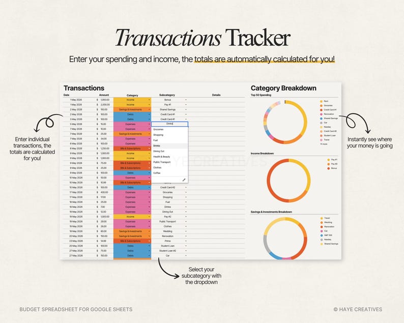 Puede incluir: Una hoja de c&aacute;lculo digital titulada "Transactions Tracker" con un fondo blanco. La hoja de c&aacute;lculo muestra datos financieros, incluidos ingresos y gastos, con gr&aacute;ficos circulares para desgloses de categor&iacute;as. El texto incluye "Enter your spending and income, the totals are automatically calculated for you!"
