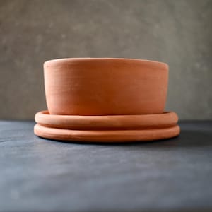 Puede incluir: Una maceta de terracota con un acabado mate suave y una base de platillo circular a juego. La maceta presenta una forma cilíndrica simple con lados rectos y un borde plano, mostrando el color natural de arcilla marrón rojiza.
